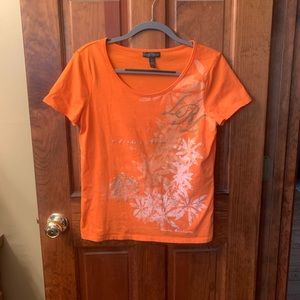 2- RALPH LAUREN Tops 1  ORANGE, 1 BLUE AND WHITE STRIPE, both size medium.